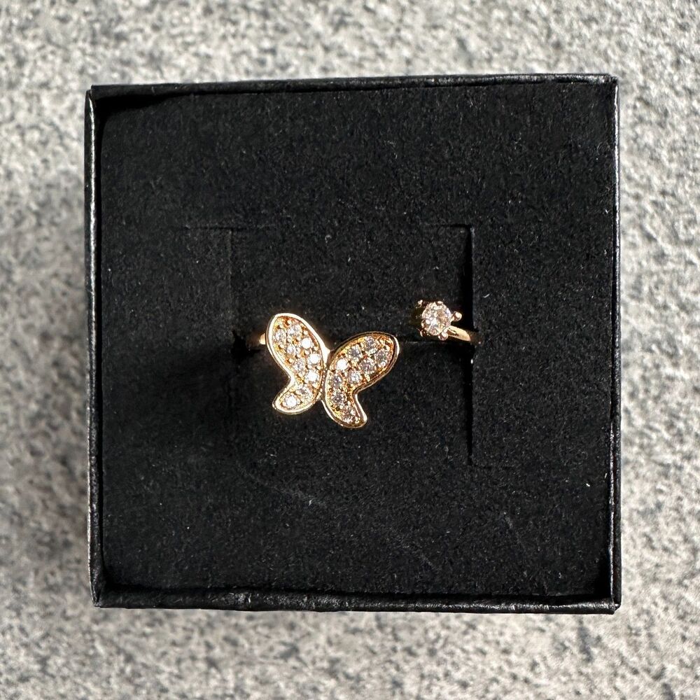 NWB Pretty Bird Rose Gold Plated CZ Pave Butterfly Open-front Adjustable Ring OS